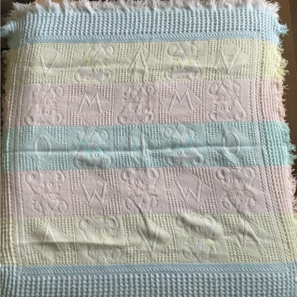 Vintage Baby Blanket Pride N Joy Pastel Waffle Fringe Bears‎ Letters 34x34 90s